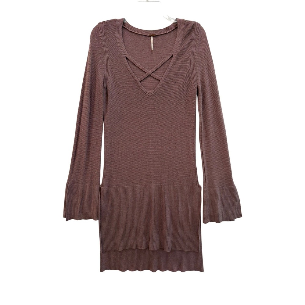 Free People Crisscross V-Neck Bell Sleeve Ribbed Tunic Sweater‎ Mauve Purple M
